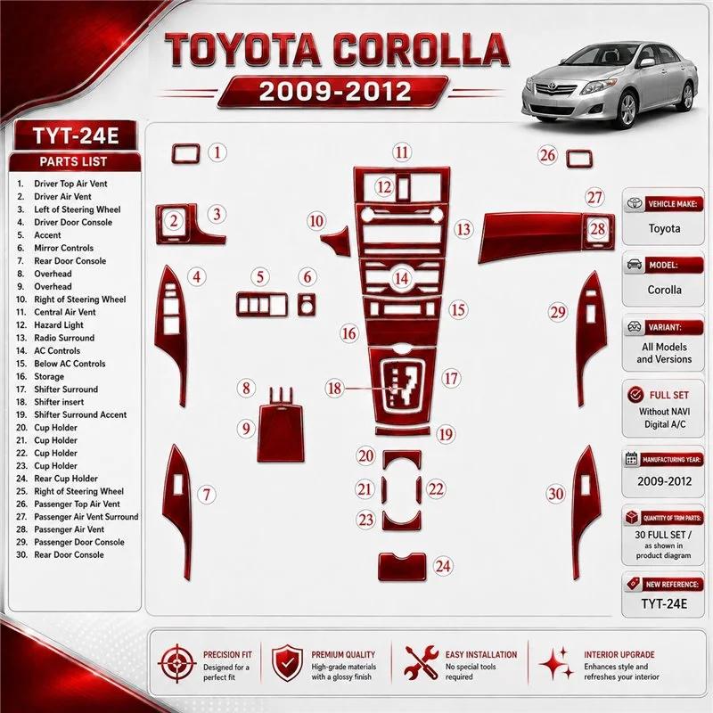 Toyota Corolla 2009-in poi set completo; senza navigatore; Automatic AC kit rivestimento cruscotto e interni 3D