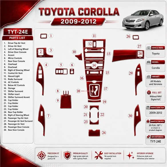 Toyota Corolla 2009-in poi set completo; senza navigatore; Automatic AC kit rivestimento cruscotto e interni 3D