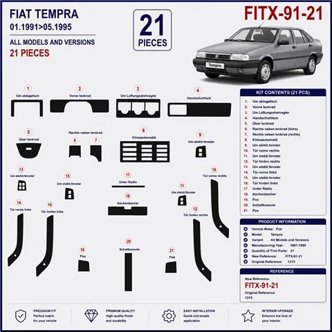 Fiat Tempra 1991-1995 kit cruscotto 3D, 21 pezzi 2