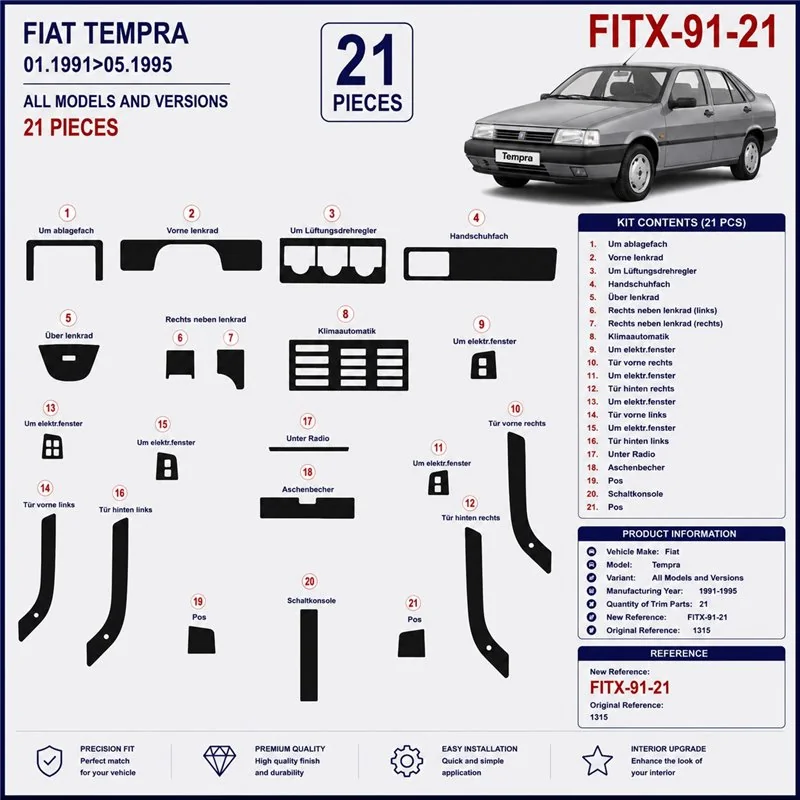 Fiat Tempra 1991-1995 kit cruscotto 3D, 21 pezzi