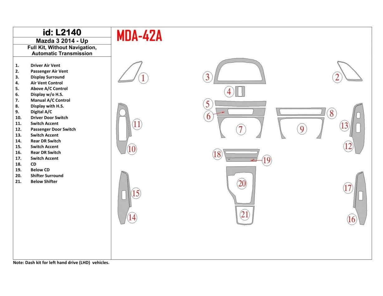 Mazda 3 2014-UP Full Set, Without NAVI, Automatic Gearbox Cruscotto BD Rivestimenti interni Mazda 3 2014-UP Full Set, Without NAVI, Automatic Gearbox Cruscotto BD Rivestimenti interni