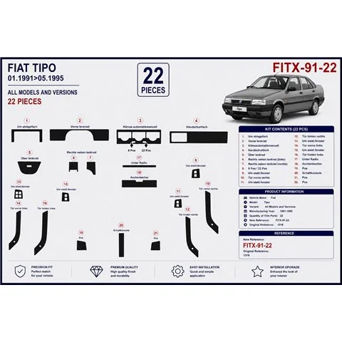 Fiat Tipo 1991-1995 kit cruscotto 3D, 22 pezzi 2