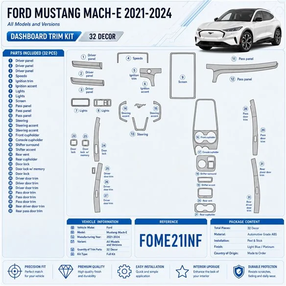 Ford Mustang Mach-E 2021-2024 kit rivestimento cruscotto e interni 3D 32 pezzi