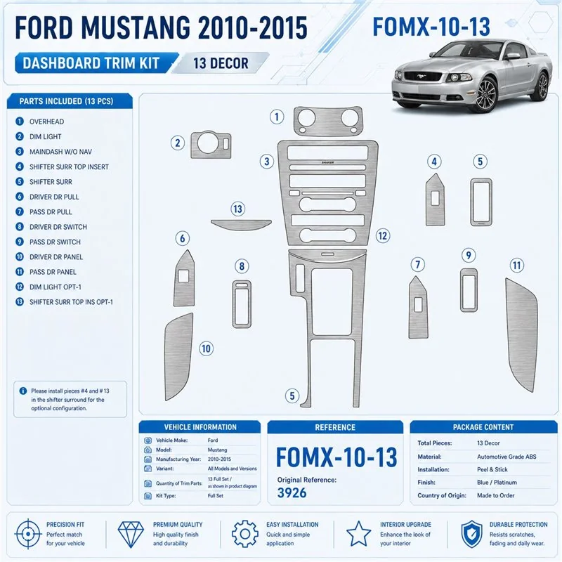 Ford Mustang 2010-2015 kit rivestimento cruscotto e interni 3D 13 pezzi