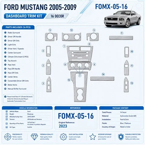 Ford Mustang 2005-2009 kit rivestimento cruscotto e interni 3D 16 pezzi