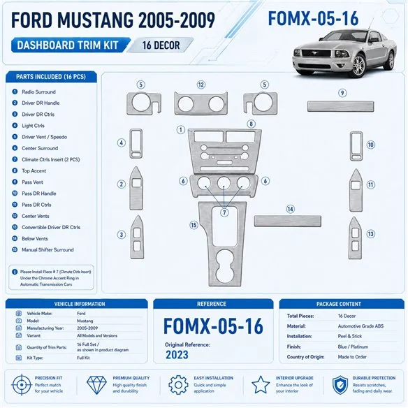 Ford Mustang 2005-2009 kit rivestimento cruscotto e interni 3D 16 pezzi