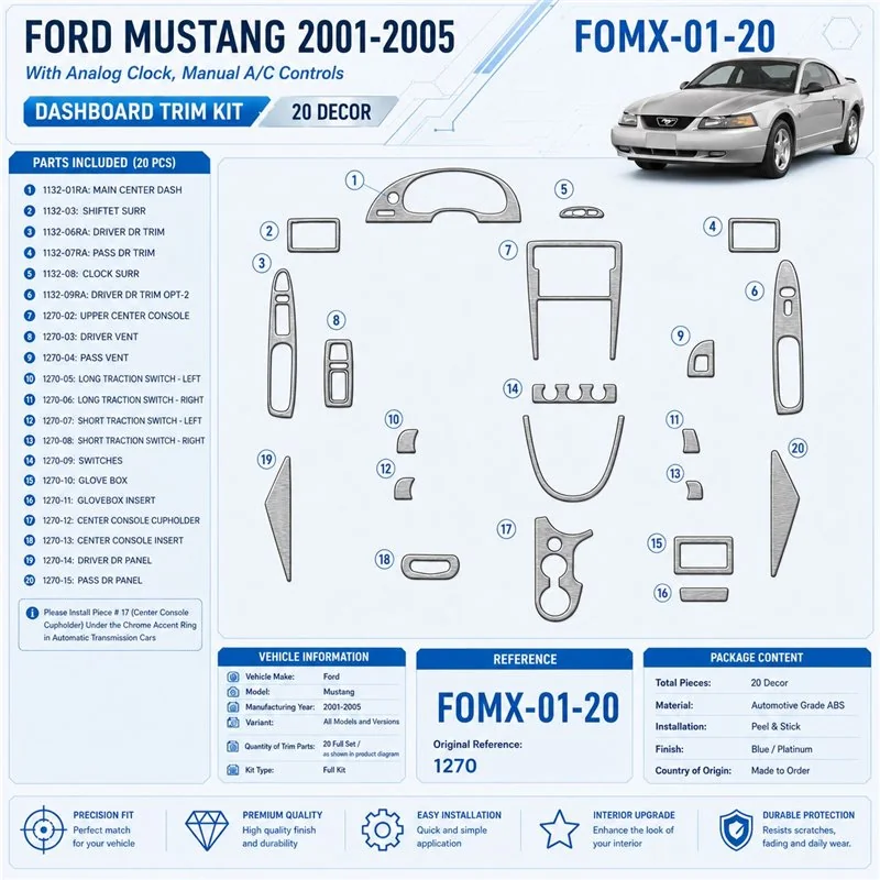Ford Mustang 2001-2005 kit rivestimento cruscotto e interni 3D 20 pezzi