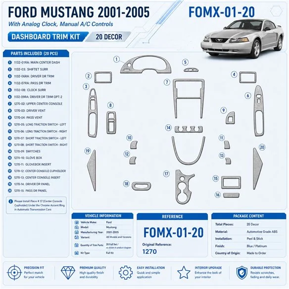 Ford Mustang 2001-2005 kit rivestimento cruscotto e interni 3D 20 pezzi
