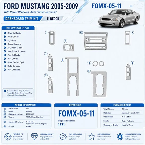 Ford Mustang 2005-2009 kit rivestimento cruscotto e interni 3D 11 pezzi