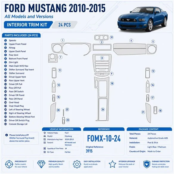 Ford Mustang 2010-2015 kit rivestimento cruscotto e interni 3D 24 pezzi
