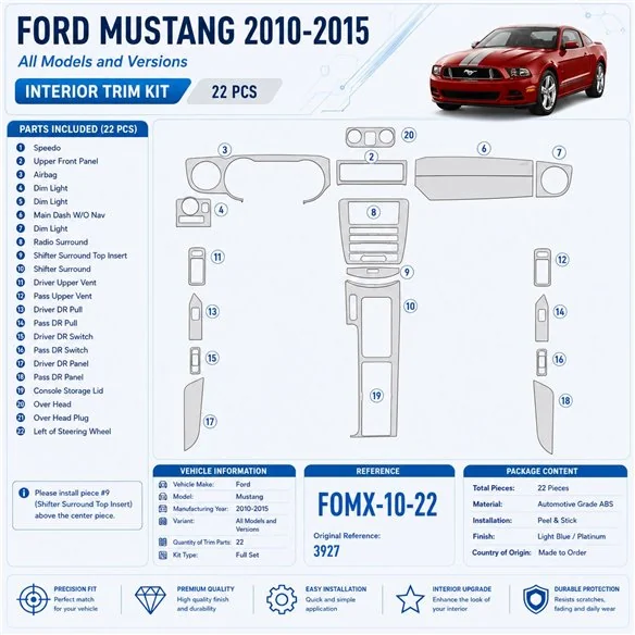 Ford Mustang 2010-2015 kit rivestimento cruscotto e interni 3D 22 pezzi