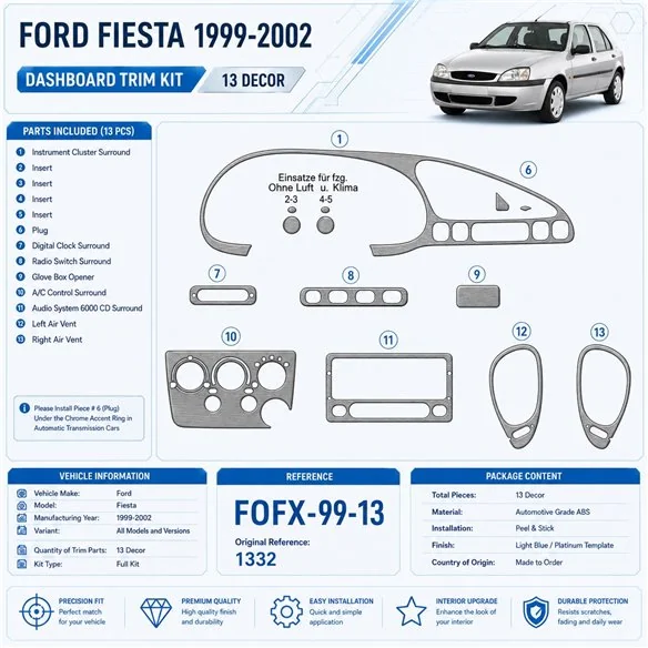Ford Fiesta 1999-2002 kit rivestimento cruscotto e interni 3D 13 pezzi