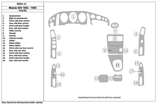 Mazda 929 1992-1995 Full Set, 19 Parts set Cruscotto BD Rivestimenti interni