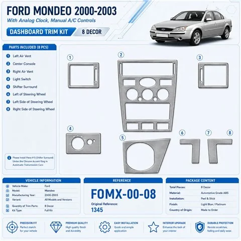 Ford Mondeo 2000-2003 kit rivestimento cruscotto e interni 3D 8 pezzi