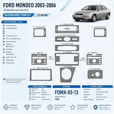 Ford Mondeo 2003-2006 kit rivestimento cruscotto e interni 3D 13 pezzi 2