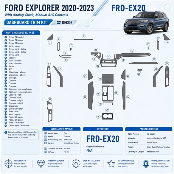 Ford Explorer 2020-2023 kit rivestimento cruscotto e interni 3D 32 pezzi