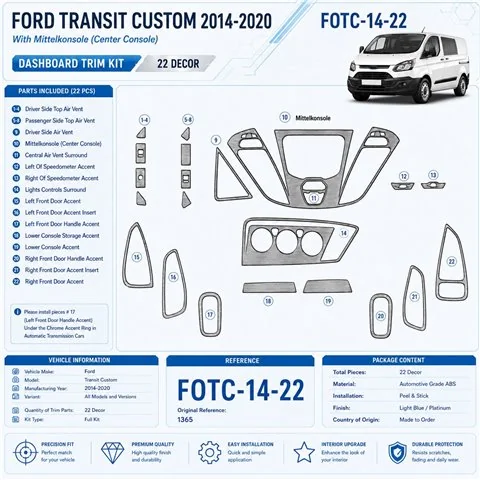 Ford Transit Custom 2014-in poi kit rivestimento cruscotto e interni 3D 22 pezzi