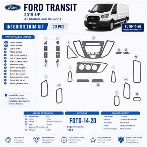 Ford Transit Dlux 2014-in poi kit rivestimento cruscotto e interni 3D 20 pezzi