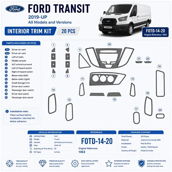 Ford Transit Dlux 2014-in poi kit rivestimento cruscotto e interni 3D 20 pezzi