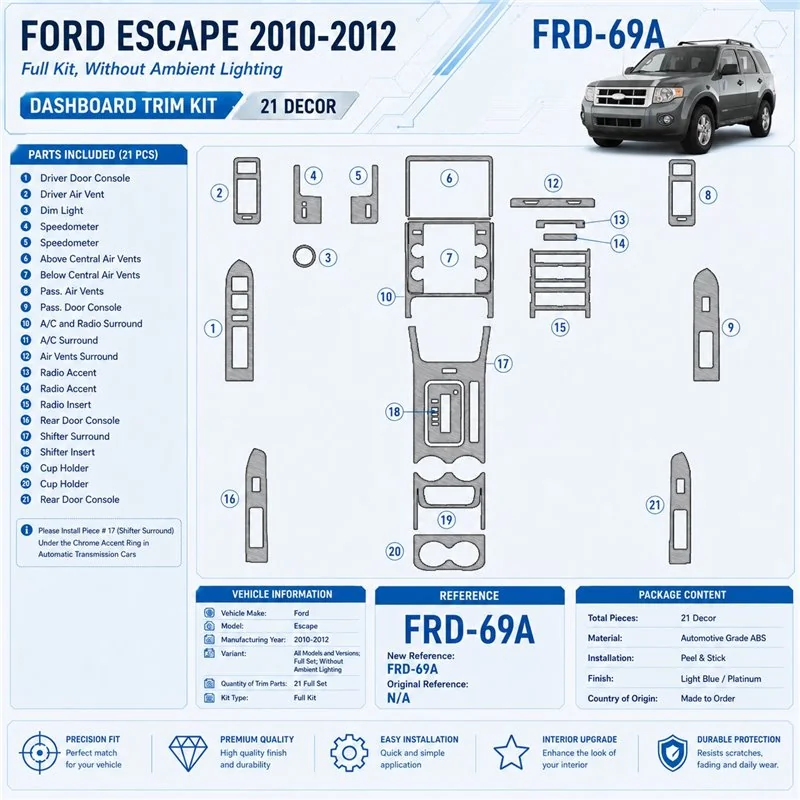 Ford Escape 2010-2012 set completo senza lighting Ambient lighting kit rivestimento cruscotto e interni 3D