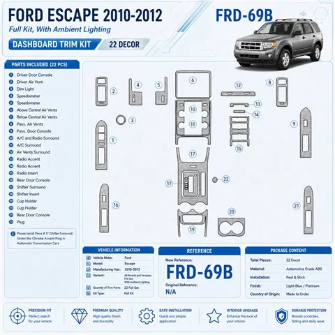 Ford Escape 2010-2012 set completo con lighting Ambient lighting kit rivestimento cruscotto e interni 3D 2