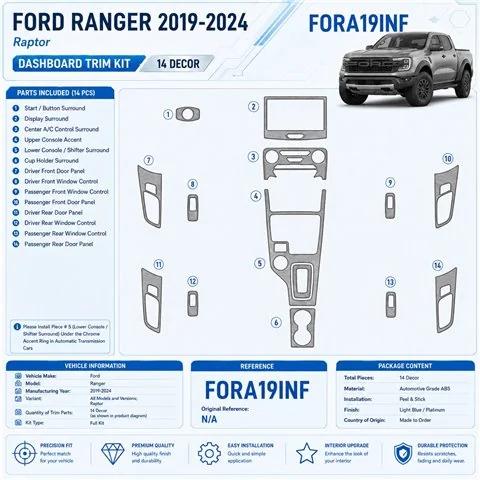 Ford Ranger 2019-2024 Raptor kit rivestimento cruscotto e interni 3D 14 pezzi