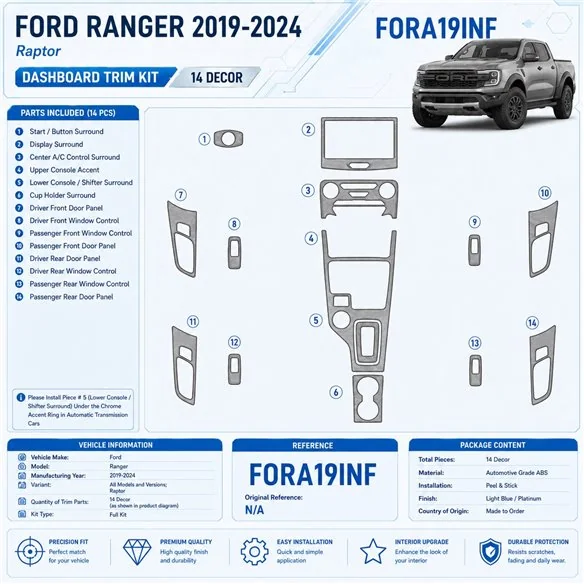Ford Ranger 2019-2024 Raptor kit rivestimento cruscotto e interni 3D 14 pezzi