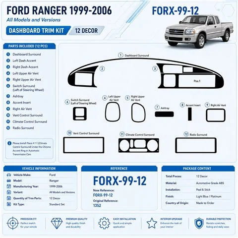 Ford Ranger 1999-2006 kit rivestimento cruscotto e interni 3D 12 pezzi