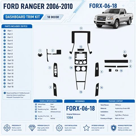 Ford Ranger 2006-2010 kit rivestimento cruscotto e interni 3D 18 pezzi