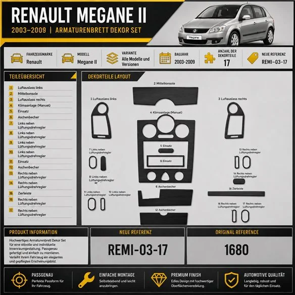 Renault Megane II 2003-2009 kit rivestimento cruscotto e interni 3D 17 pezzi