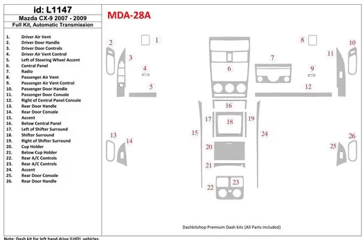 Mazda CX9 2007-2009 Full Set, Automatic Gear Cruscotto BD Rivestimenti interni