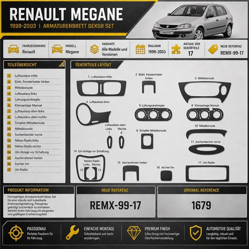 Renault Megane 1999-2003 kit rivestimento cruscotto e interni 3D 17 pezzi