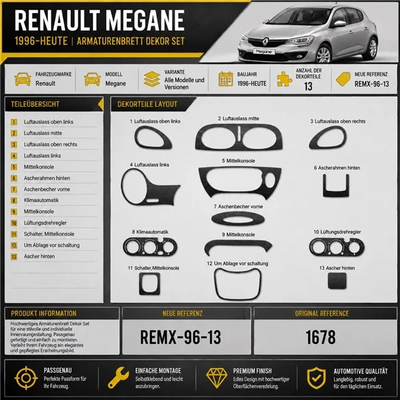 Renault Megane 1996-in poi 02 99 kit rivestimento cruscotto e interni 3D 13 pezzi