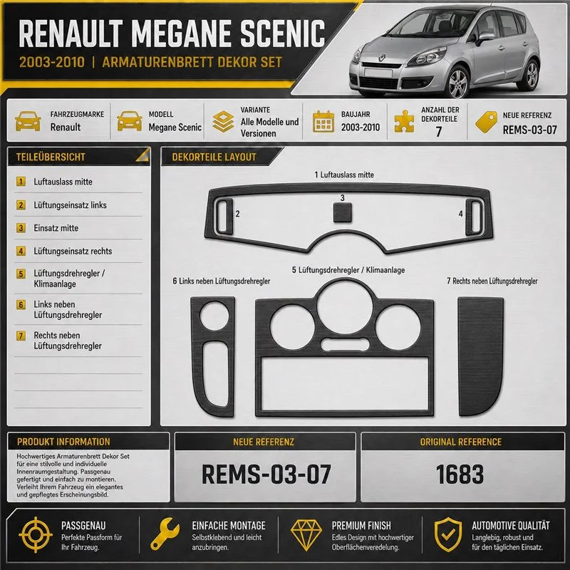 Renault Megane Scenic 2003-2010 kit rivestimento cruscotto e interni 3D 7 pezzi