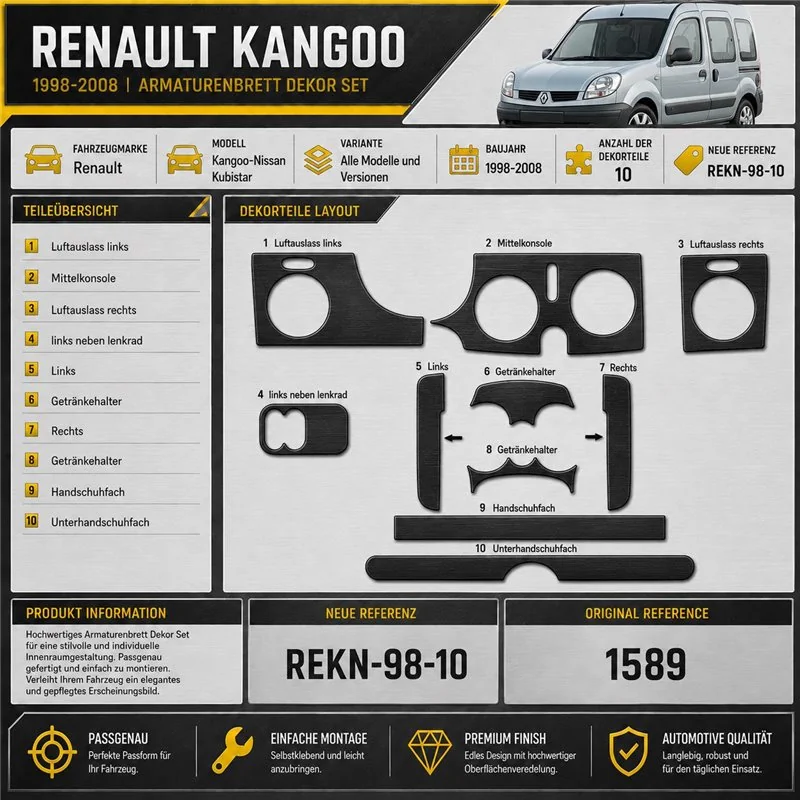 Renault Kangoo-Nissan Kubistar 1998-2008 kit rivestimento cruscotto e interni 3D 10 pezzi