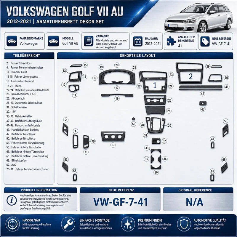 Volkswagen Golf VII AU 2012-2021 kit rivestimento cruscotto e interni 3D 41 pezzi