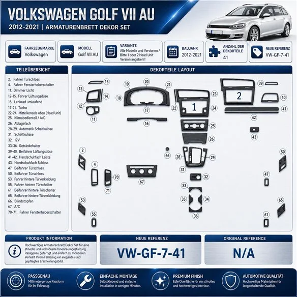 Volkswagen Golf VII AU 2012-2021 kit rivestimento cruscotto e interni 3D 41 pezzi