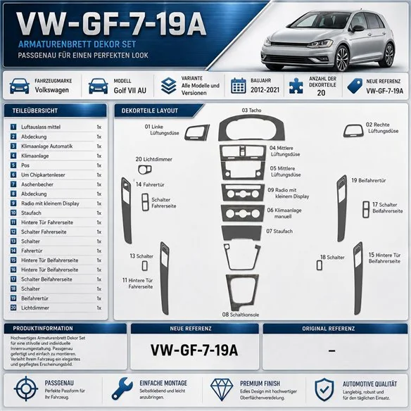Volkswagen Golf VII AU 2012-2021 19A-pezzi kit rivestimento cruscotto e interni 3D