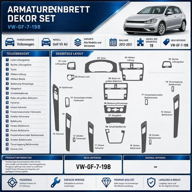Volkswagen Golf VII AU 2012-2021 19B-pezzi kit rivestimento cruscotto e interni 3D