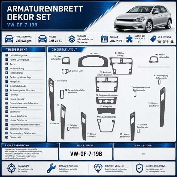 Volkswagen Golf VII AU 2012-2021 19B-pezzi kit rivestimento cruscotto e interni 3D