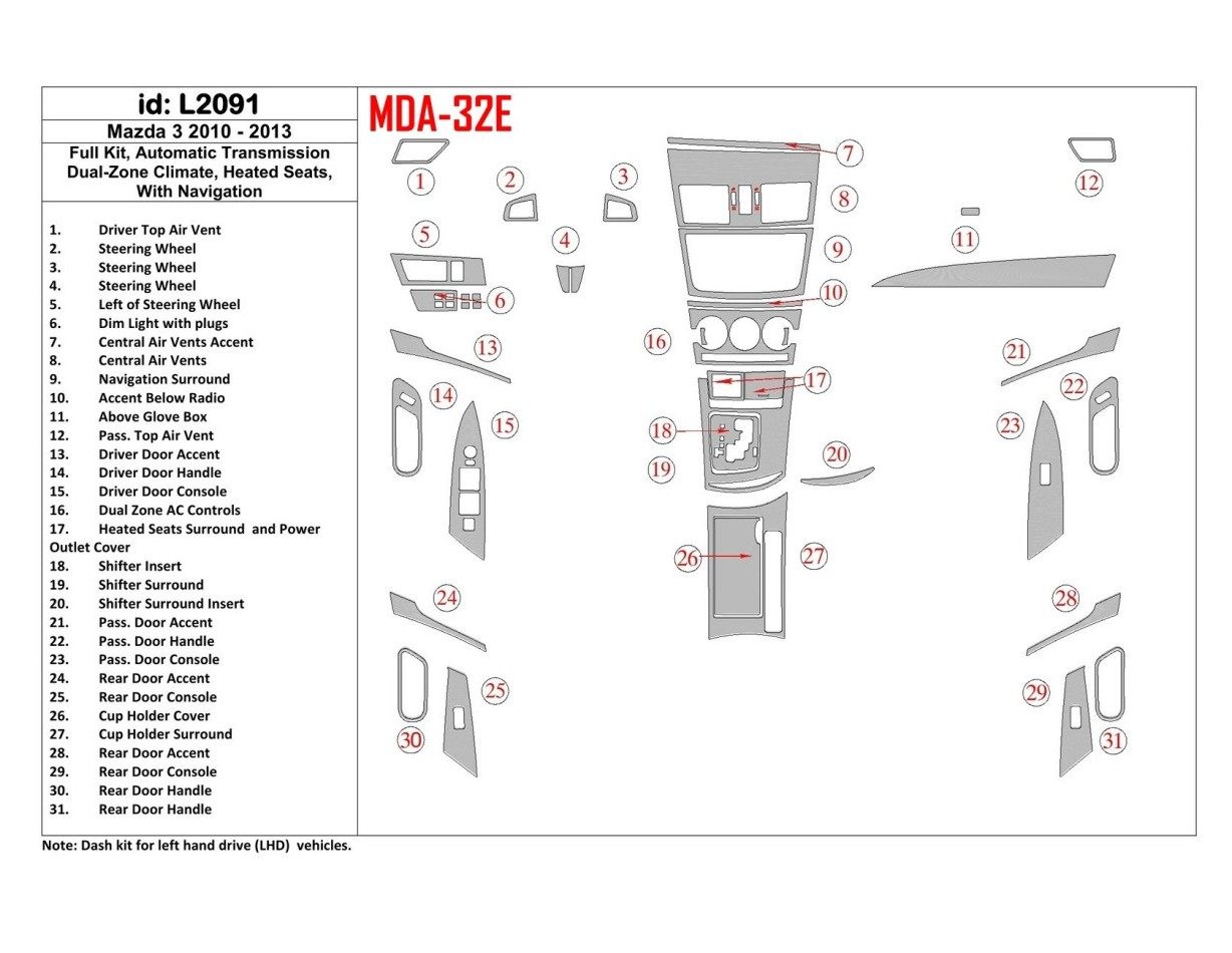 Mazda Mazda3 2010-2013 Full Set, Automatic Gearbox, two-zone climate control, Heated Seats, With NAVI Cruscotto BD Rivestimenti 