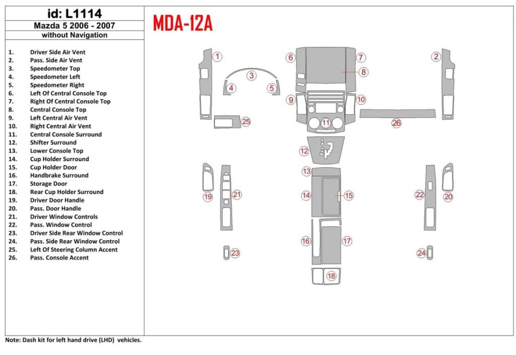 Mazda Mazda5 2006-2007 Without NAVI Cruscotto BD Rivestimenti interni