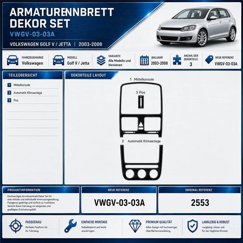 Volkswagen Golf V Jetta 2003-2008 automatic AC kit rivestimento cruscotto e interni 3D 3 pezzi