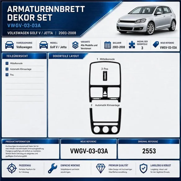 Volkswagen Golf V Jetta 2003-2008 automatic AC kit rivestimento cruscotto e interni 3D 3 pezzi