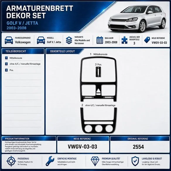 Volkswagen Golf V Jetta 2003-2008 kit rivestimento cruscotto e interni 3D 3 pezzi