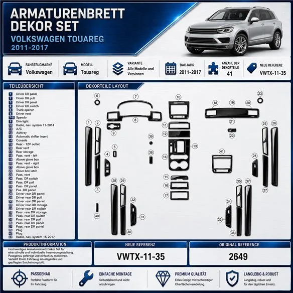 Volkswagen Touareg 2011-2017 kit rivestimento cruscotto e interni 3D 35 pezzi