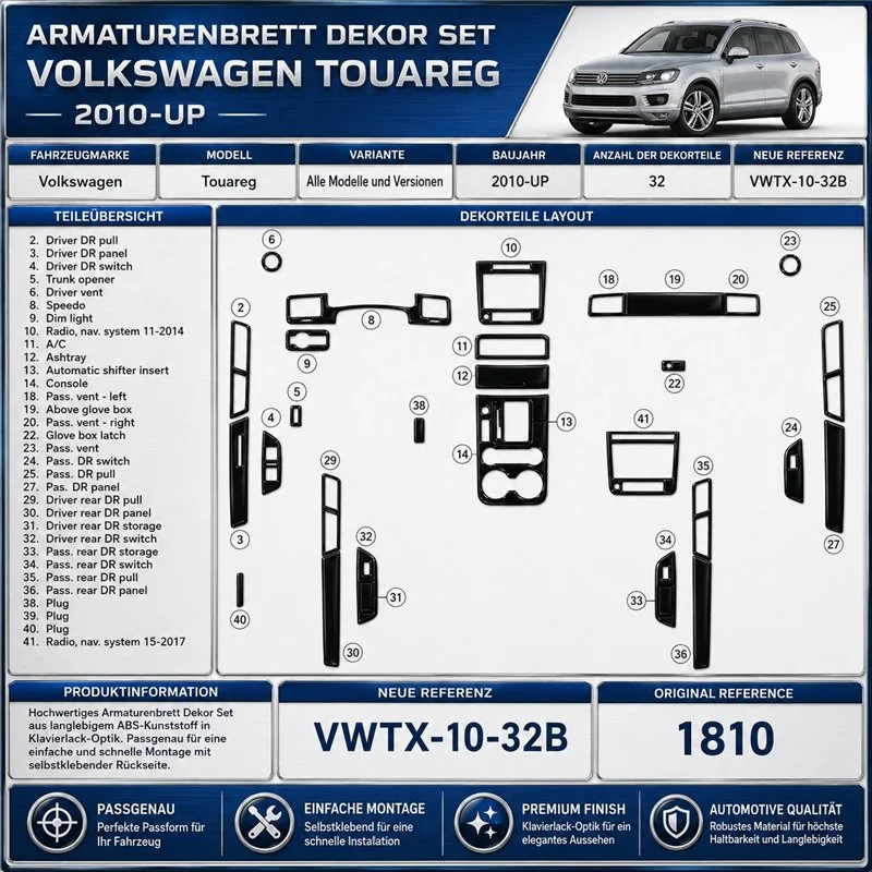Volkswagen Touareg II 2010-2018 kit rivestimento cruscotto e interni 3D 22 pezzi