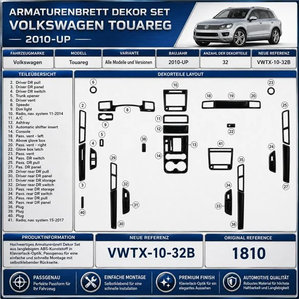 Volkswagen Touareg II 2010-2018 kit rivestimento cruscotto e interni 3D 22 pezzi