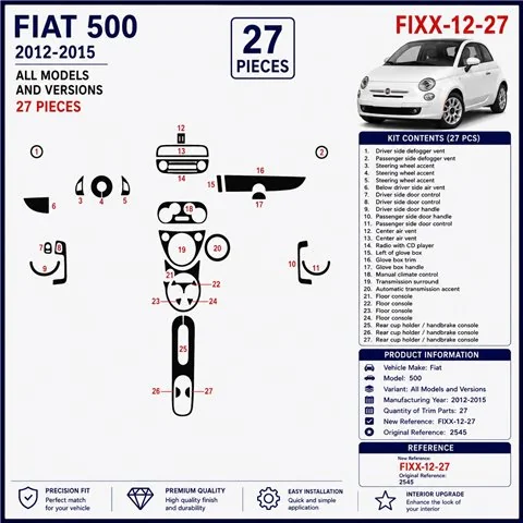 Fiat 500 2012-2015 kit cruscotto 3D, 27 pezzi 2