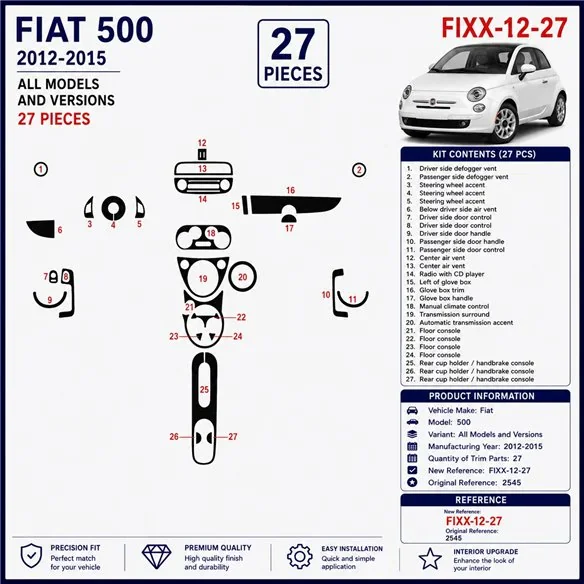 Fiat 500 2012-2015 kit cruscotto 3D, 27 pezzi